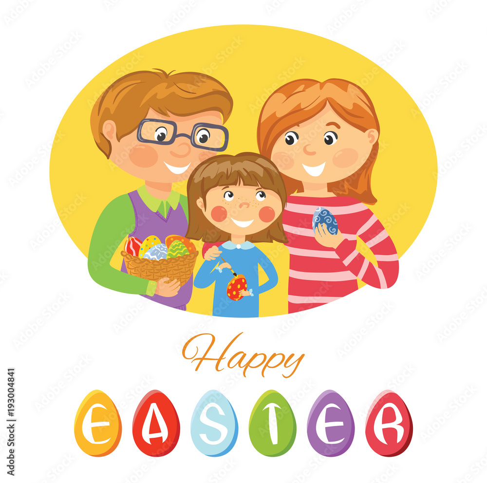 Happy Easter card with family decorating eggs Happy Easter card with family decorating eggs