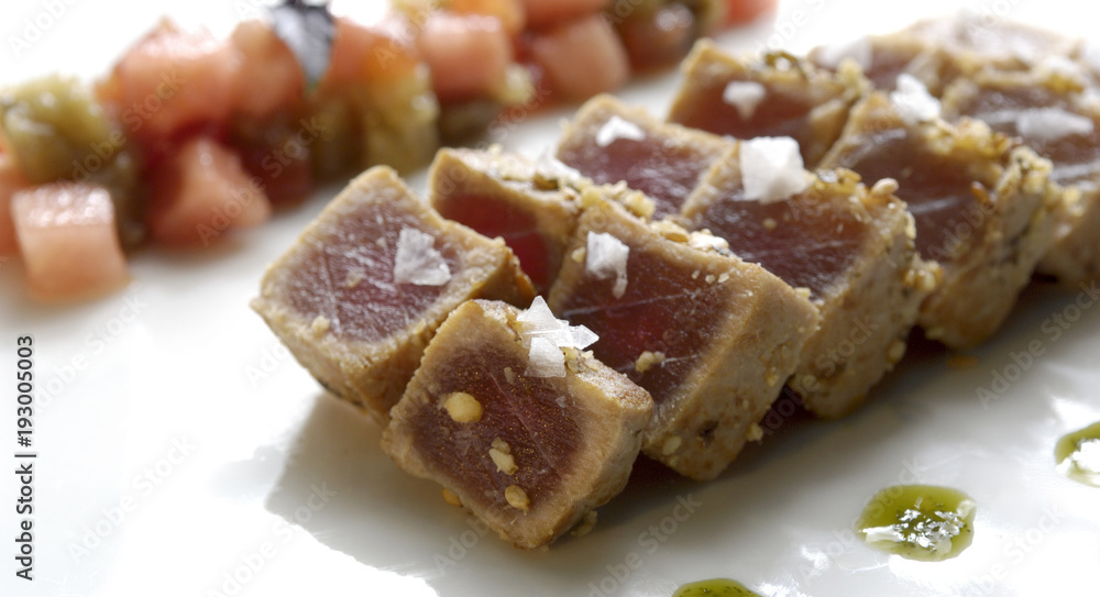 closeup of tataki of tuna closeup of tataki of tuna
