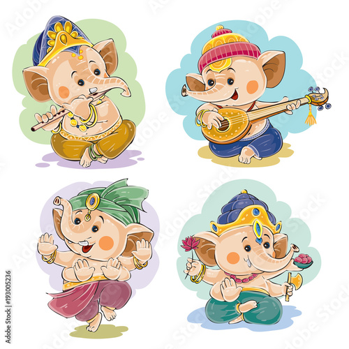 Vector cartoon illustration of little baby Ganesha, indian god of wisdom and prosperity, in traditional indian clothes. Set of cute elephant characters, dance and play on musical national instruments