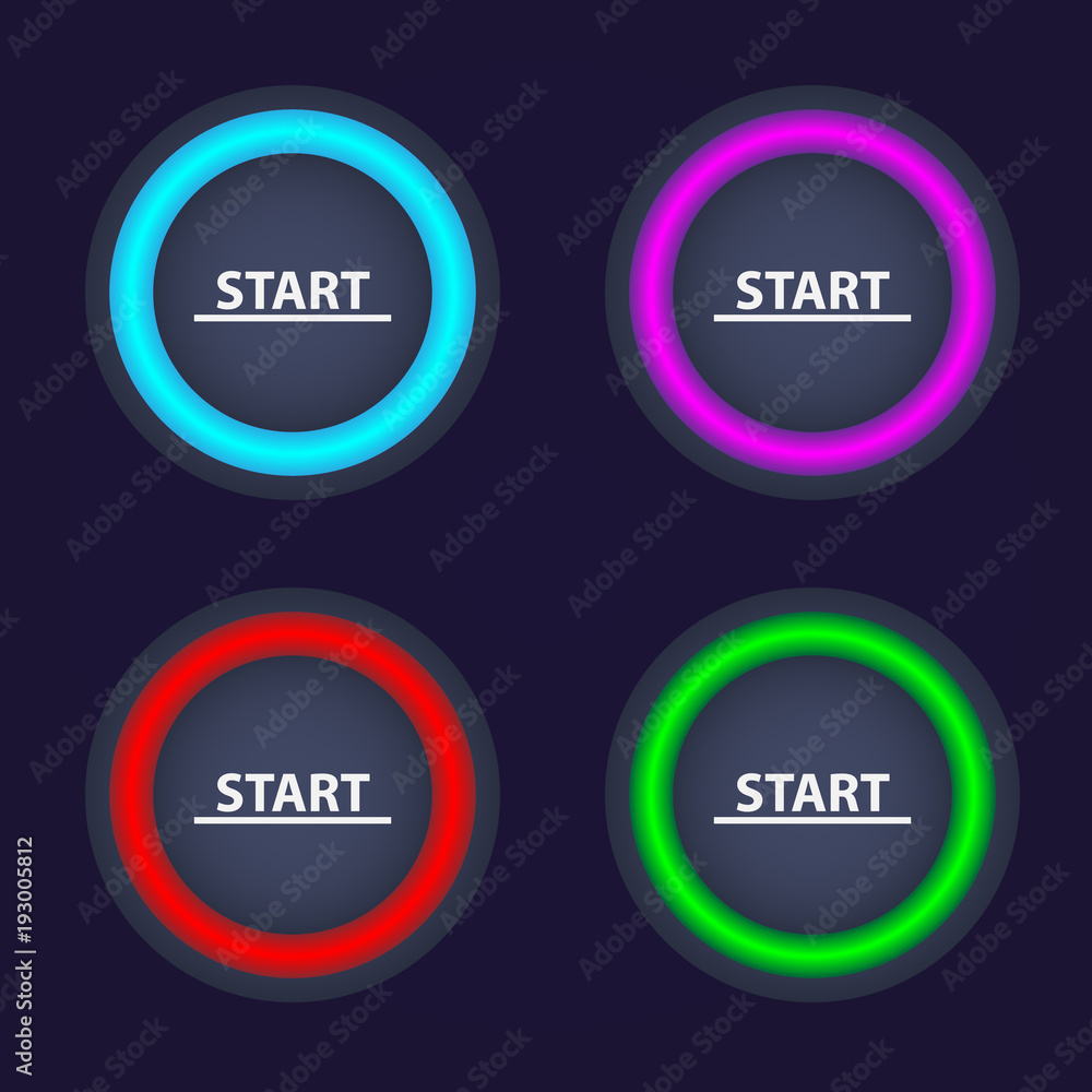 Set of color Start buttons. Round buttons with color illumination. Vector start buttons. Set of color Start buttons. Round buttons with color illumination. Vector start buttons.