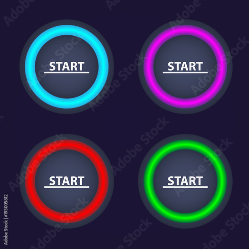 Set of color Start buttons. Round buttons with color illumination. Vector start buttons.
