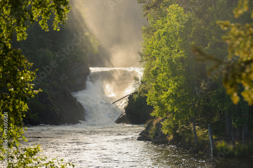Waterfall in northern Finland in summer. Golden sunlight. photo