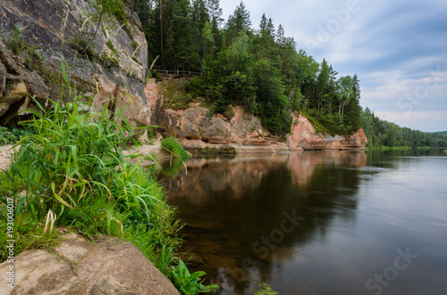 Sandstone outcrops. Erglu Cliffs, on the bank of the Gauja river.
