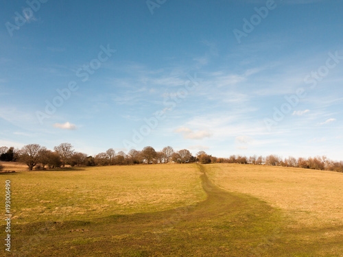 massive open plain farm field grass agriculture england blue sky ahead big empty path
