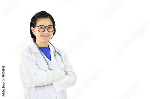 Portrait of Asian female doctor on white background 