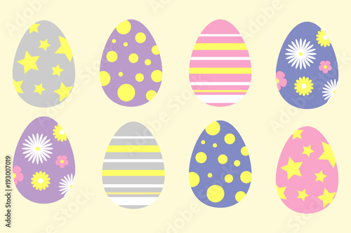 Set of colorful ornament easter eggs in cartoon style, spring time, simple flat design