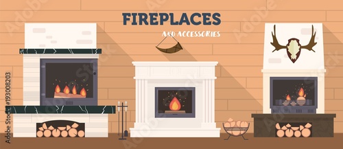 Several fireplaces and accessories to them. Stone and brick classical and modern fireplaces.