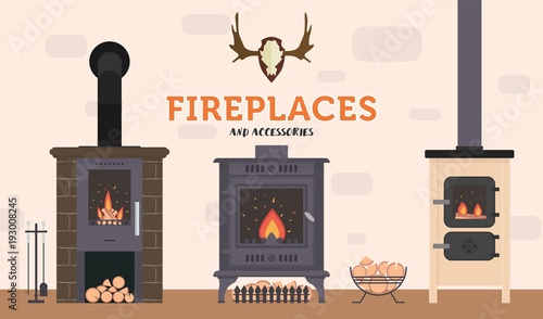 Several ovens and accessories to them. Stone and brick classical and modern fireplaces.