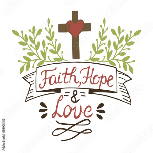 Coloring Hand lettering Faith, hope and love with cross and leaves.