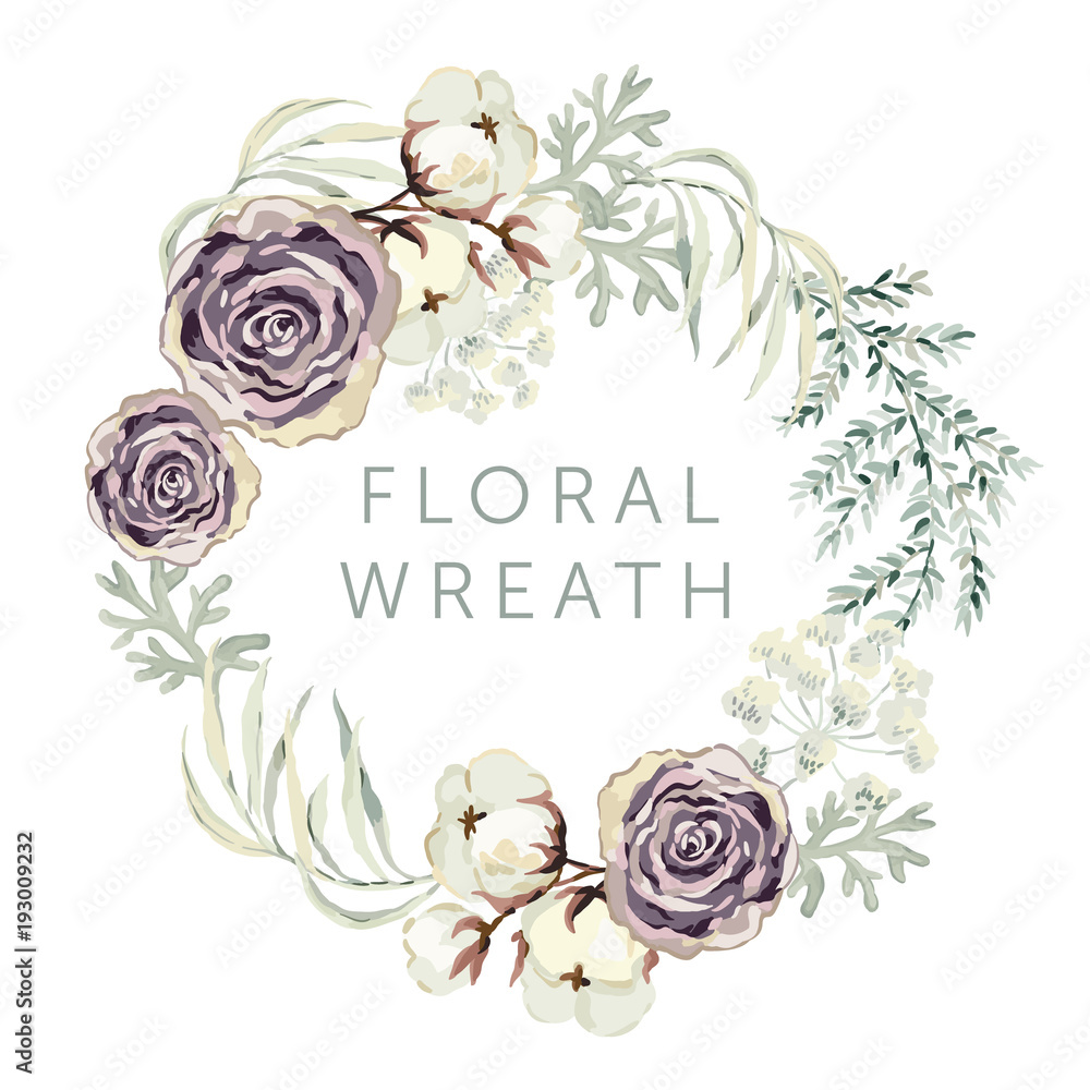 Violet roses and cotton with gray leaves on the white background. Floral wreath. Greeting card template. Vector illustration. - obrazy, fototapety, plakaty 