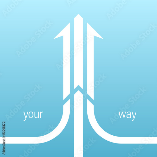 White compound arrow consisting of three ways on blue background. Teamwork, development and merging concept. Flat design. Vector illustration. EPS 8, no transparency