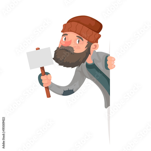 Look Out Corner Poor Homeless Bum Male Character Beg Help Hand Isolated Icon Cartoon Design Vector Illustration