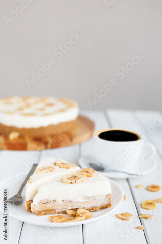 Delicious banana cake on table