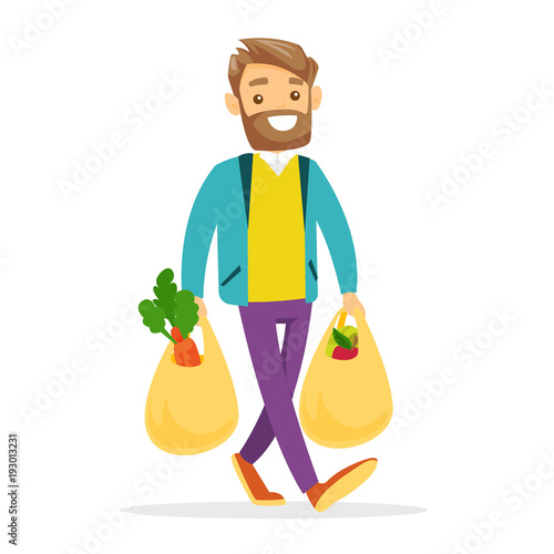 Young caucasian white man walking with plastic shopping bags with healthy vegetables and fruits. Concept of healthy nutrition. Vector cartoon illustration isolated on white background. Square layout.