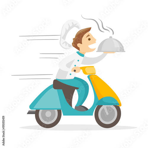 Caucasian white man delivering dish on a scooter. Worker of delivery service driving a motorbike and delivering dish. Concept of food delivery. Vector cartoon illustration isolated on white background