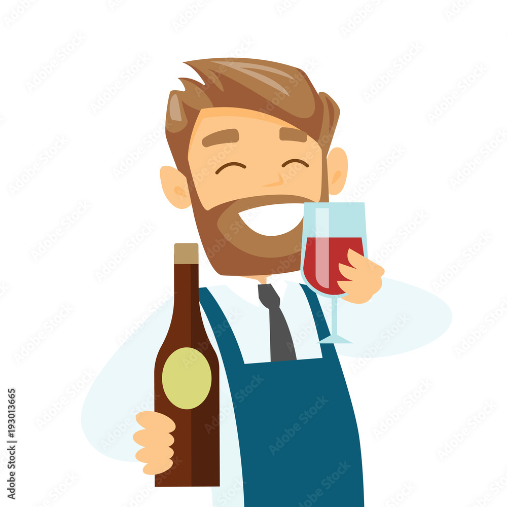 Young smiling caucasian white waiter holding glass and bottle of red wine. Hipster waiter tasting and inhale the aroma of wine. Vector cartoon illustration isolated on white background. Square layout.