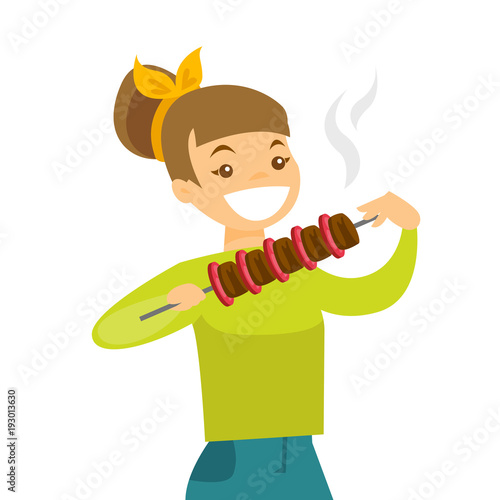 Young cheerful caucasian white woman eating shashlik with vegetables and meat on skewer. Happy woman with shish kebab in hands. Vector cartoon illustration isolated on white background. Square layout.