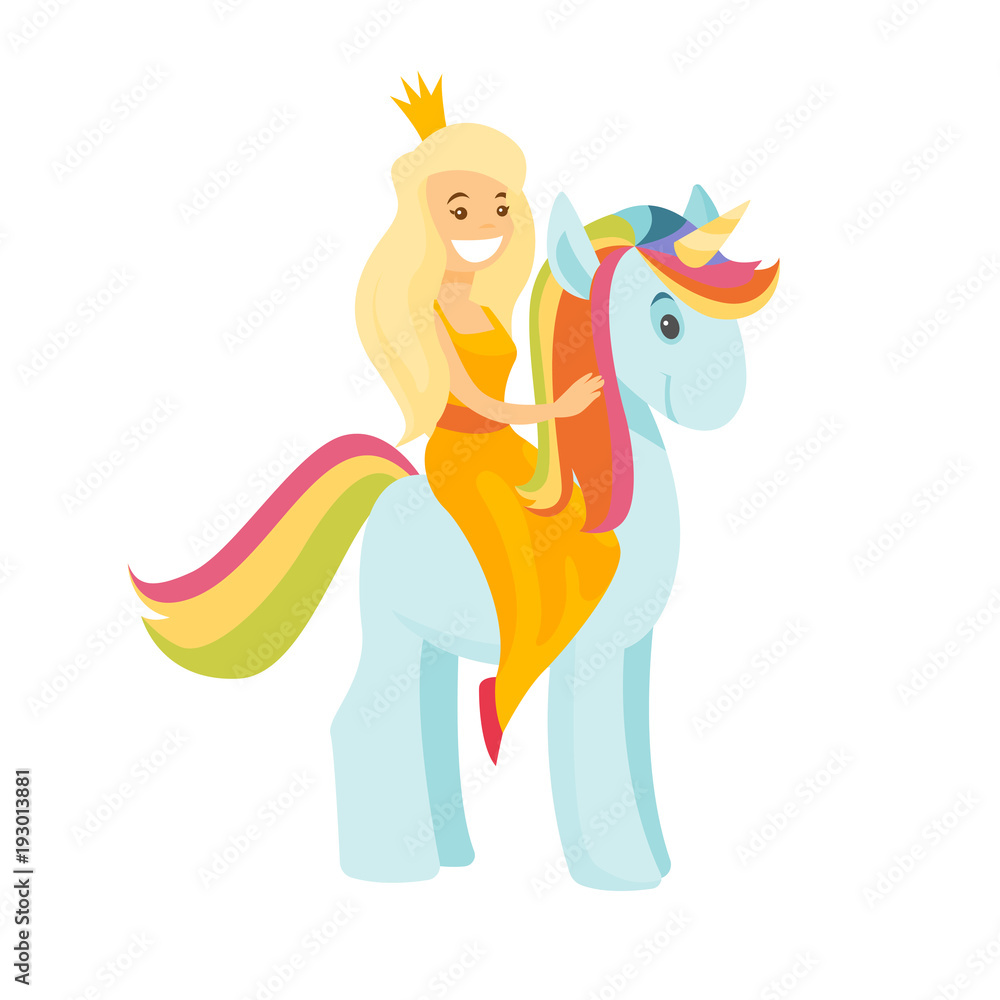 Young caucasian white princess with crown riding a unicorn Young caucasian white princess with crown riding a unicorn