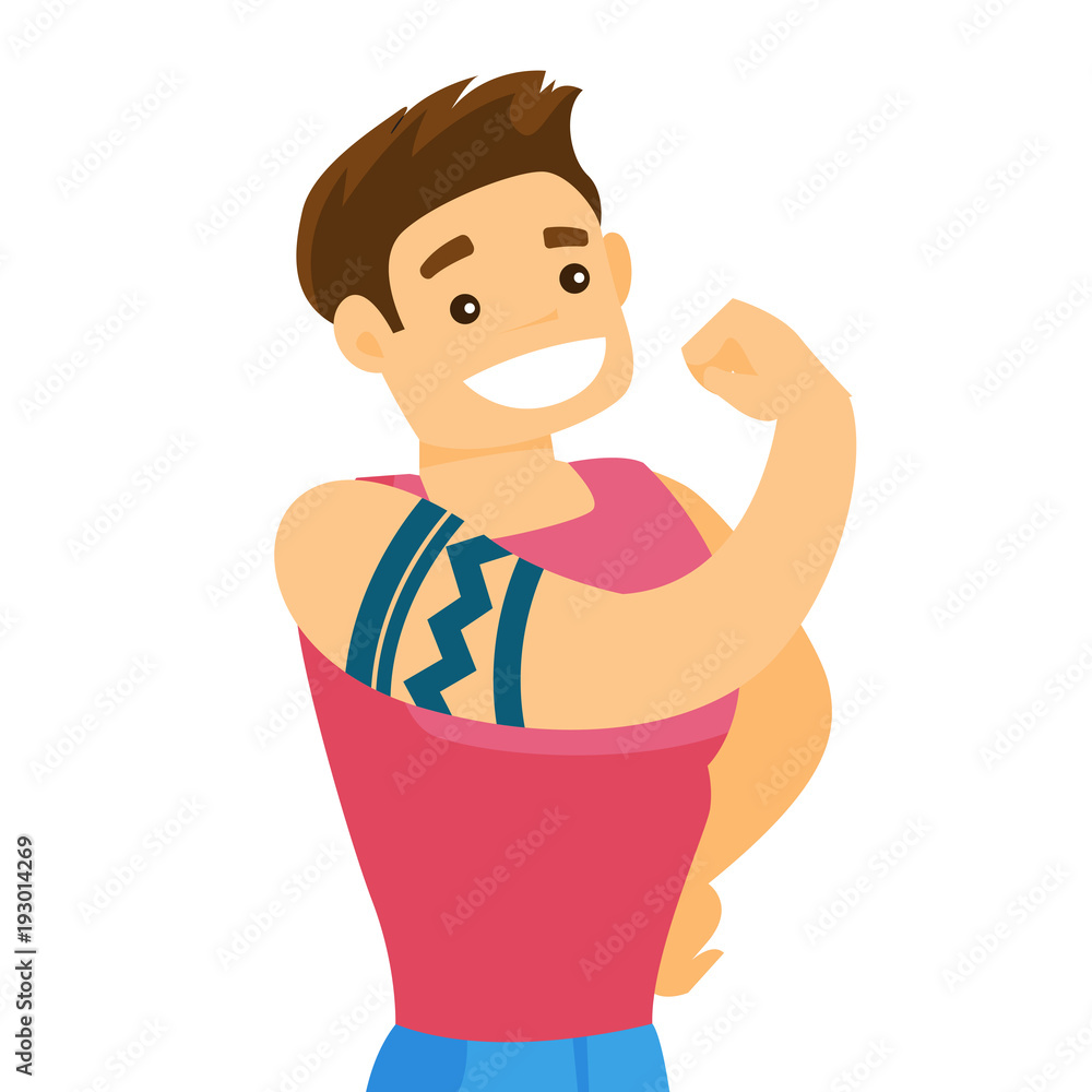 Young caucasian white bodybuilder sportsman with a tattoo showing biceps. Professional sportsman demonstrating muscular body. Vector cartoon illustration isolated on white background. Square layout. Young caucasian white bodybuilder sportsman with a tattoo showing biceps. Professional sportsman demonstrating muscular body. Vector cartoon illustration isolated on white background. Square layout.