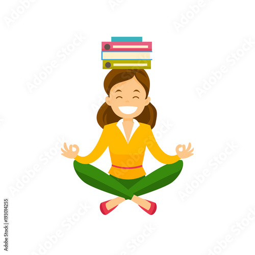 Caucasian white business woman with closed eyes meditating in yoga lotus position. Woman with books on her head relaxing in yoga lotus pose. Vector cartoon illustration isolated on white background.