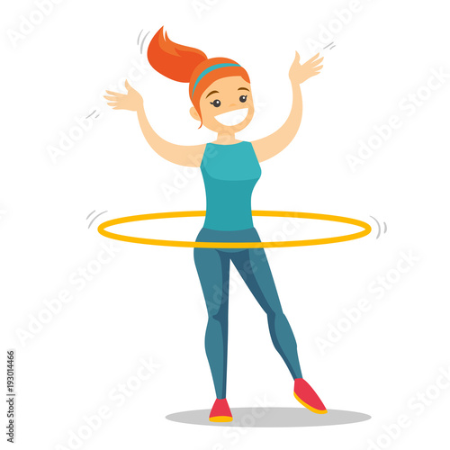 Young caucasian white sportswoman doing fitness exercises with hula hoop. Cheerful woman at workout with hoop for her waist. Vector cartoon illustration isolated on white background. Square layout.