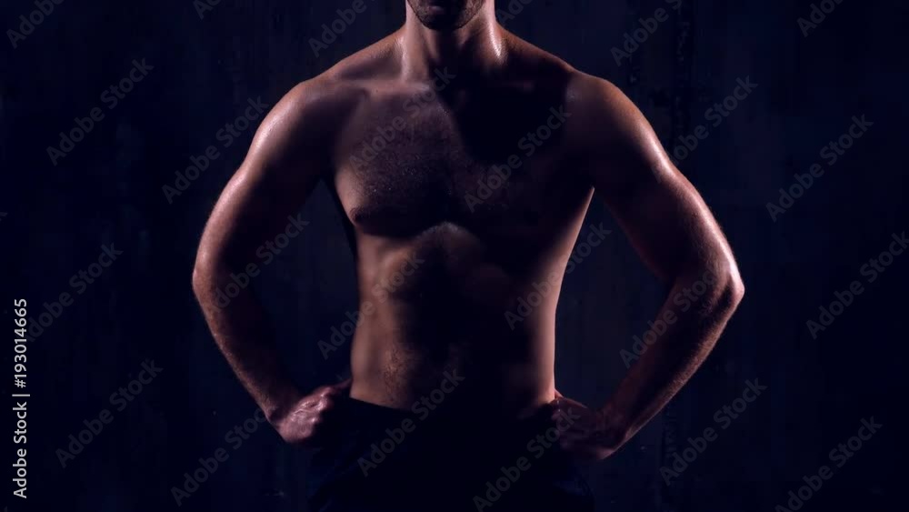 man with perfect biceps and triceps demonstrating muscles after hard training man with perfect biceps and triceps demonstrating muscles after hard training