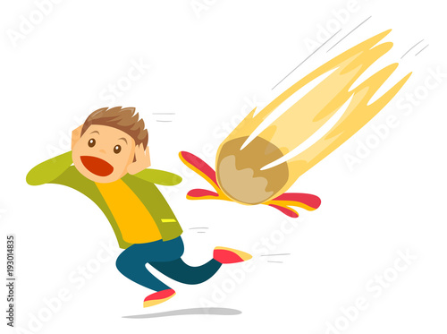 Young caucasian white scared man running from falling meteorite. Man trying to escape a burning meteorite. Space danger concept. Vector cartoon illustration isolated on white background. Square layout
