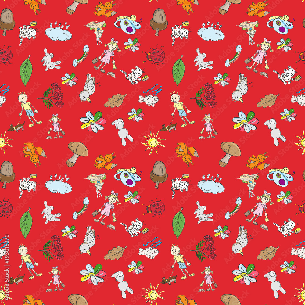 childrens color seamless pattern in sketch style red background childrens color seamless pattern in sketch style red background