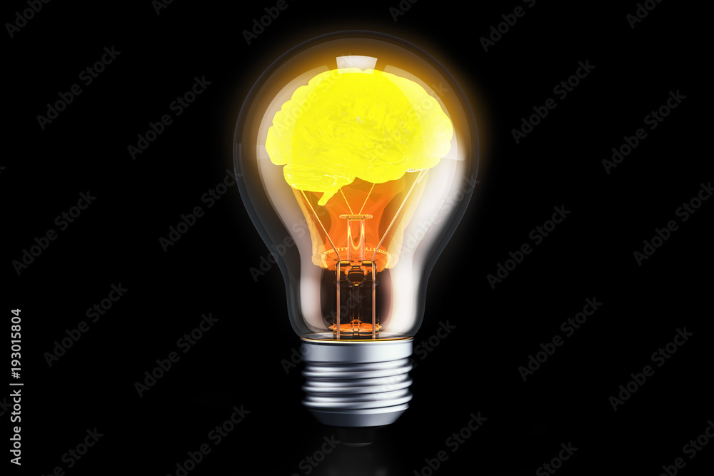 Brain inside light bulb, idea concept. 3D rendering