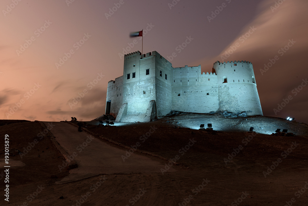Spectacular View of Fujairah Fort in United Arab Emirates at Night