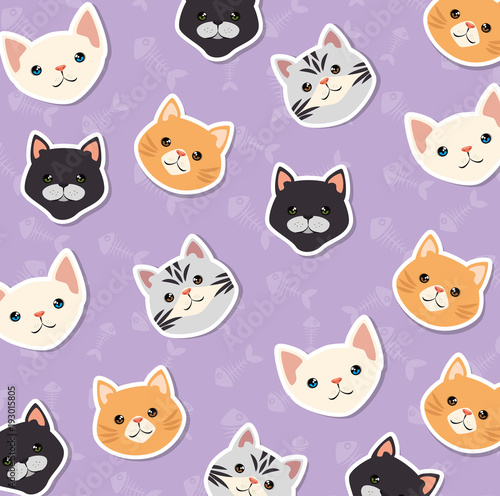 cute cats pets friendly pattern background vector illustration design