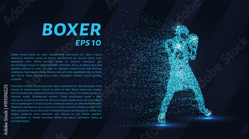 The box consists of the particles. Boxer consists of dots and circles. Blue boxer stands in a rack on a dark background.