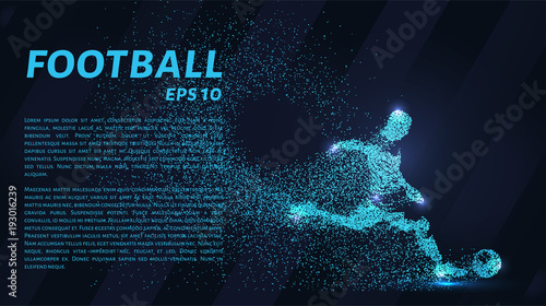 Football of the particles. Soccer is made up of dots and circles. Blue soccer player on dark background.