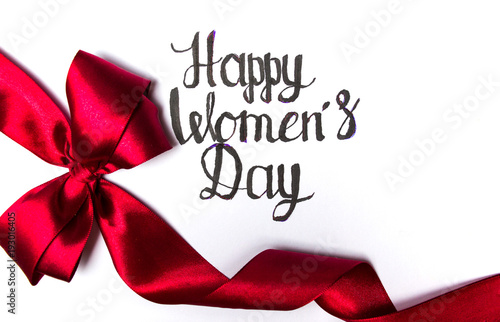Happy Womens day card with red ribbon