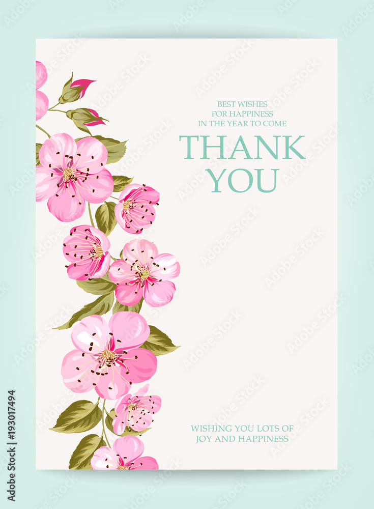 Invitation text card with Thank You sign. Spring sakura tree branch at the left side of vertical invitation card isolated over white background and text place. Invitation text card with Thank You sign. Spring sakura tree branch at the left side of vertical invitation card isolated over white background and text place.
