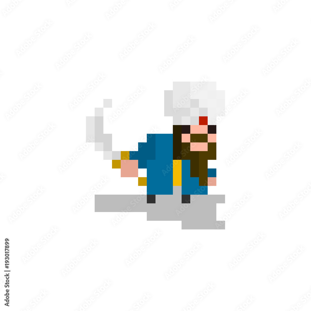 Pixel character Arab in a turban with a sword for games and websites Pixel character Arab in a turban with a sword for games and websites