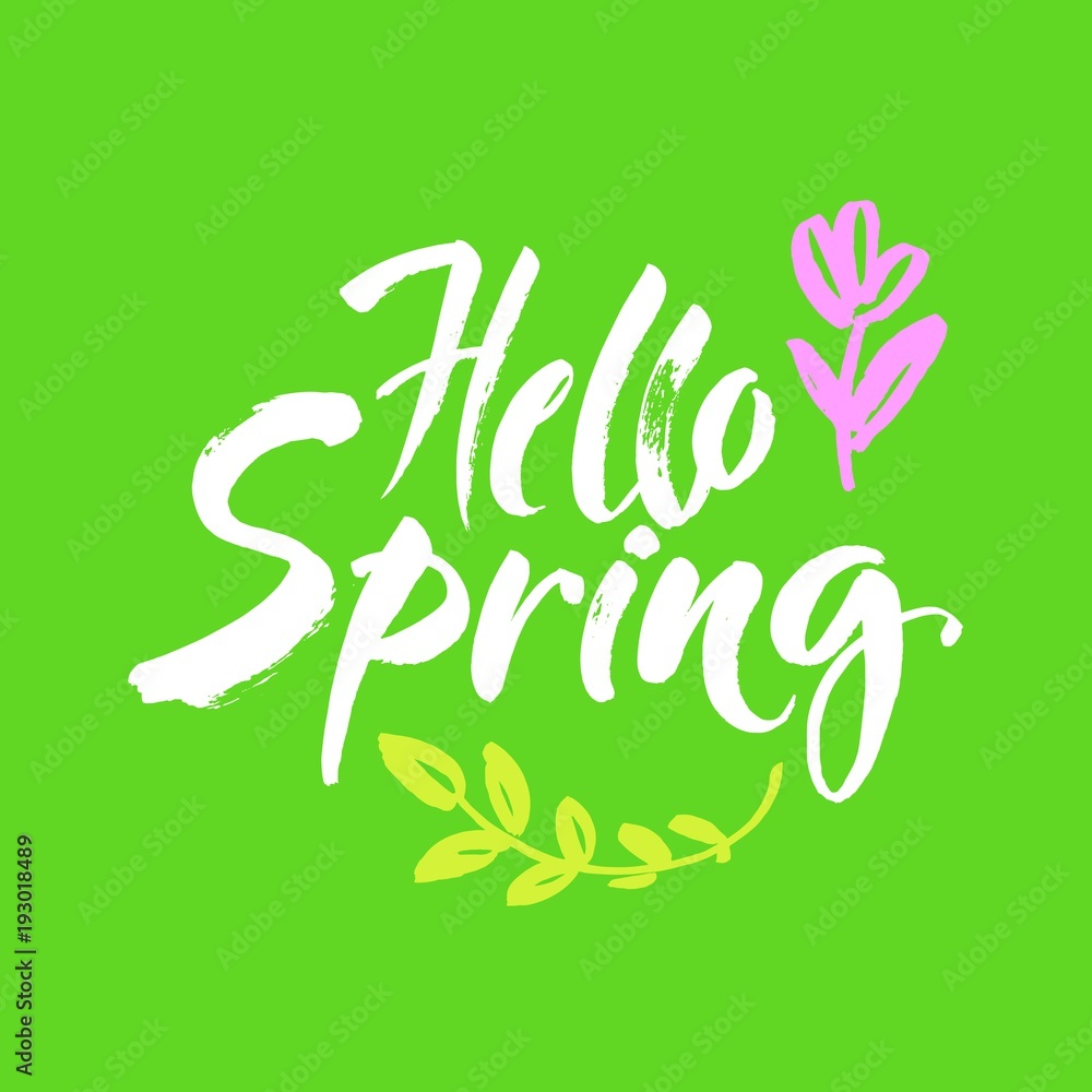 Phrase Hello spring Brush lettering isolated on green background. Handwritten vector Illustration.
