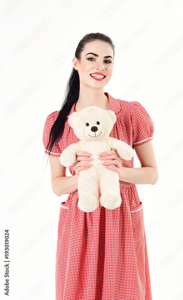 Girl with cheerful face, make up and teddy bear. Girl with cheerful face, make up and teddy bear.