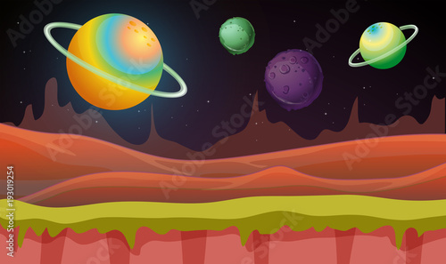 Background scene with many planets in galaxy