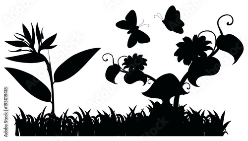 Silhouette garden scene with butterflies