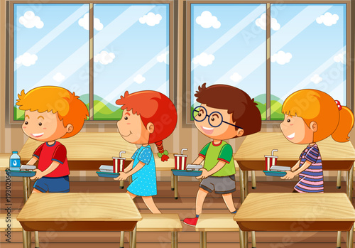 Four kids with food tray in canteen