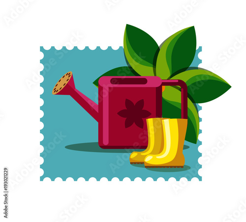 Water can and yellow rubber boots composition. Gardening and planting. Candy colors vector flat icon.