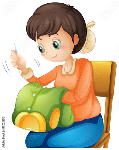 Woman sewing shirt on the chair