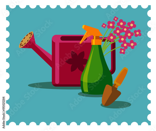 Water can, sprayer and little shovel composition. Gardening and planting. Candy colors vector flat icon.