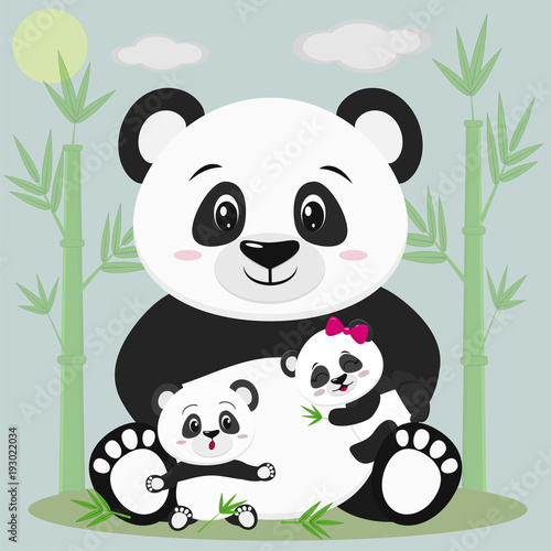 A sweet panda sits and holds a child with a bow  next to it sits another baby  he is surprised. Against the backdrop of bamboo trees  clouds and sun.