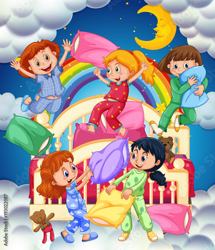 Five girls in bedroom at nighttime