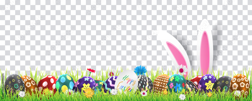 Obraz premium Szczęśliwy wektor obraz wielkanocny. Nowożytny szczęśliwy Wielkanocny tło z kolorowymi jajkami, królikiem, rubbitem i wiosna kwiatem. Szablon wielkanocny kartkę z życzeniami, wektor.