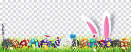 Happy easter image vector. Modern happy Easter background with colorful eggs, bunny, rubbit, and spring flower. Template Easter greeting card, vector.