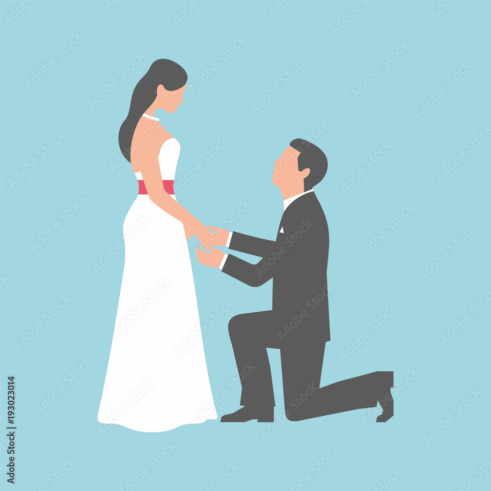  Marriage proposal. Man making proposal to woman on blue background