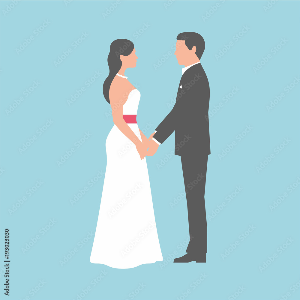 Bride and groom holding hands on blue background Bride and groom holding hands on blue background